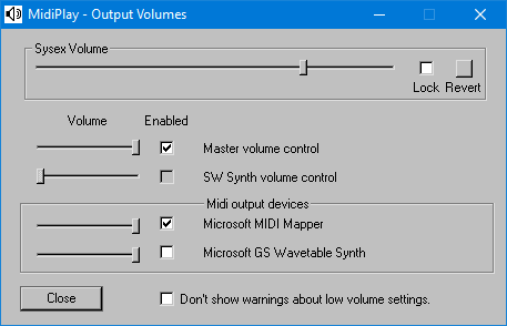 MidiPlay's Output Volumes window